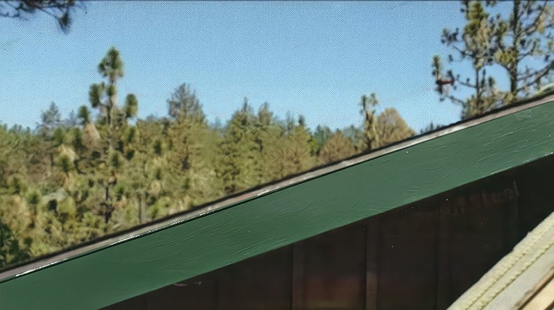 Close-up view of a painted forest green colored trim on a house, angled diagonally across the foreground, with a backdrop of tall pine trees and a clear blue sky.
